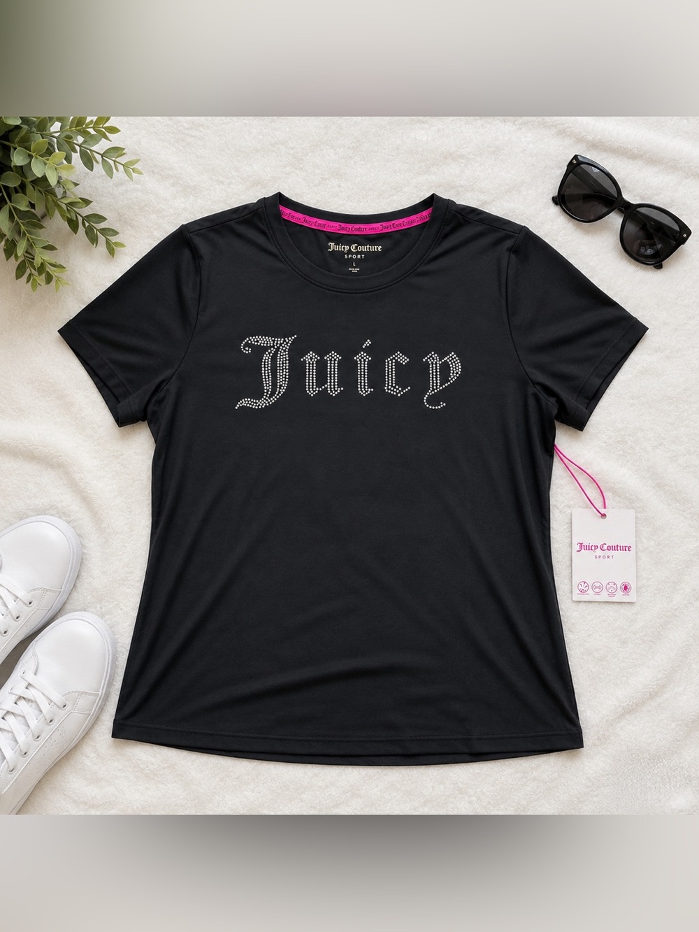 NWT Juicy Couture Sport Rhinestone Logo Tee Black Pink Trim Large
